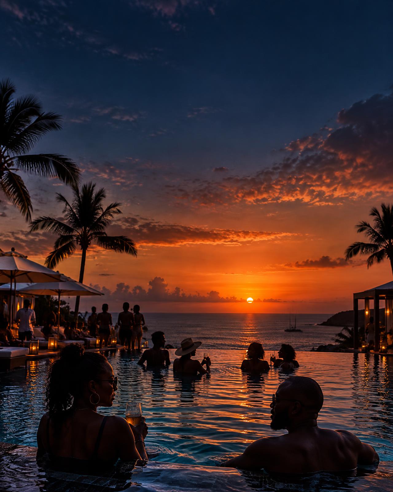 An infinity pool overlooking the ocean at sunset