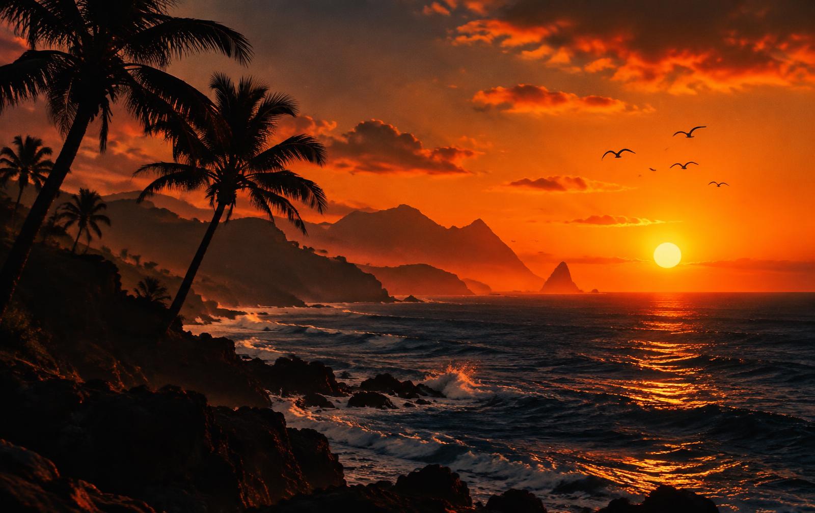 Palm silhouettes beside the ocean at sunset
